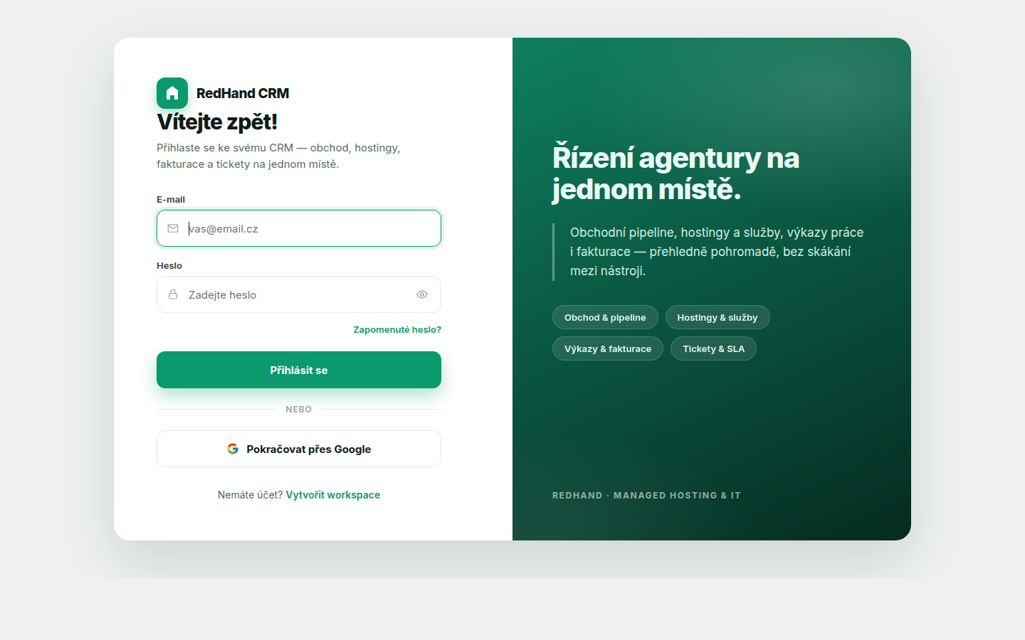 RedHand CRM — přihlašovací obrazovka